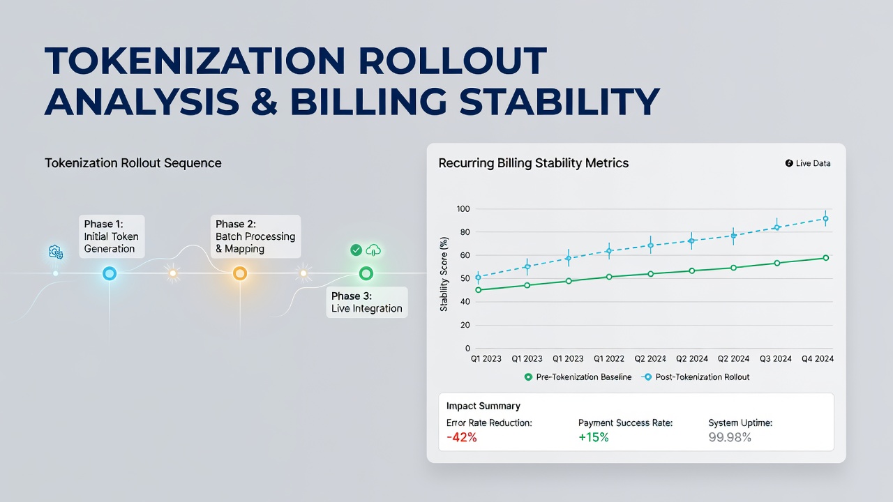 Dashboard displaying recurring billing metrics and tokenization impact on subscription stability