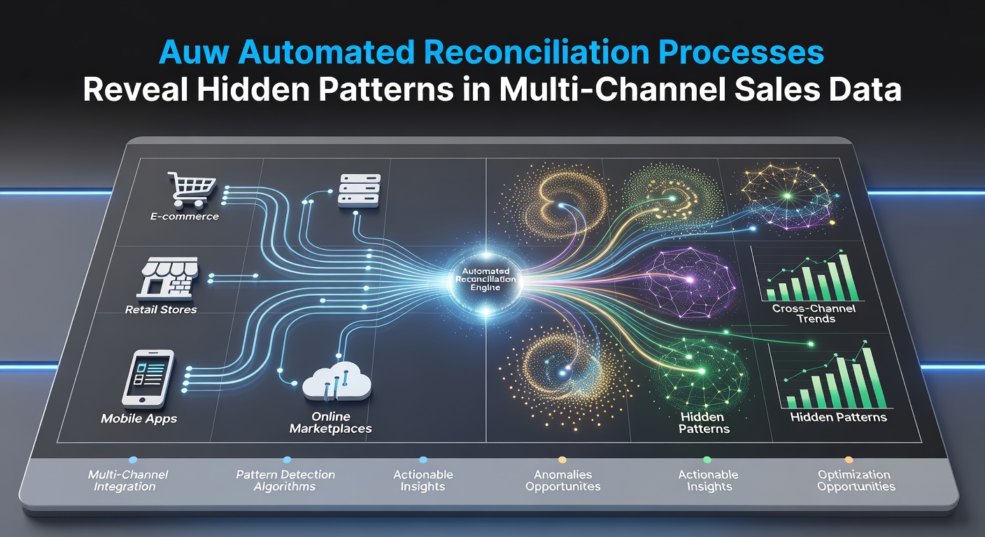 Automated reconciliation dashboard displaying multi-channel sales data patterns and transaction matching across platforms