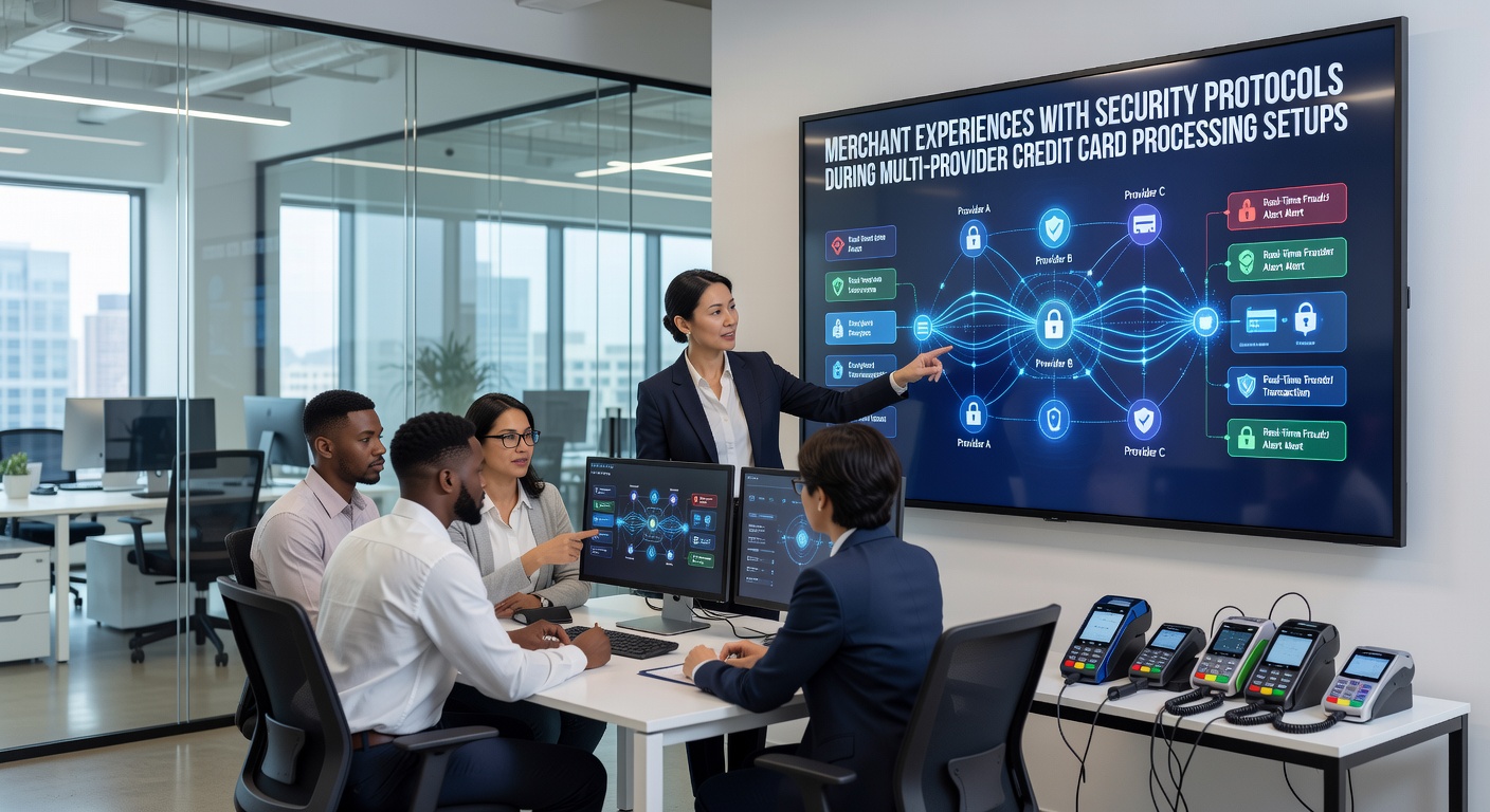 Merchants reviewing security dashboards across multiple credit card processing platforms during integration reviews