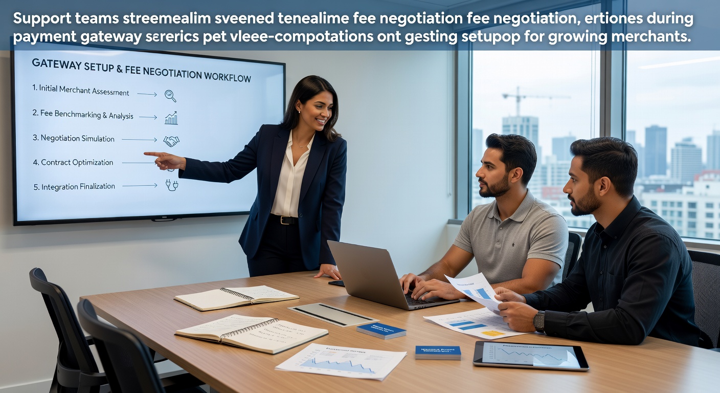 Support team professionals reviewing merchant account details and fee structures during a payment gateway setup session